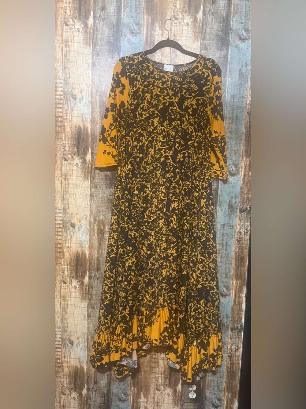 Floral Vine Maxi Dress in Mustard and Black - Women's Elegant Boho